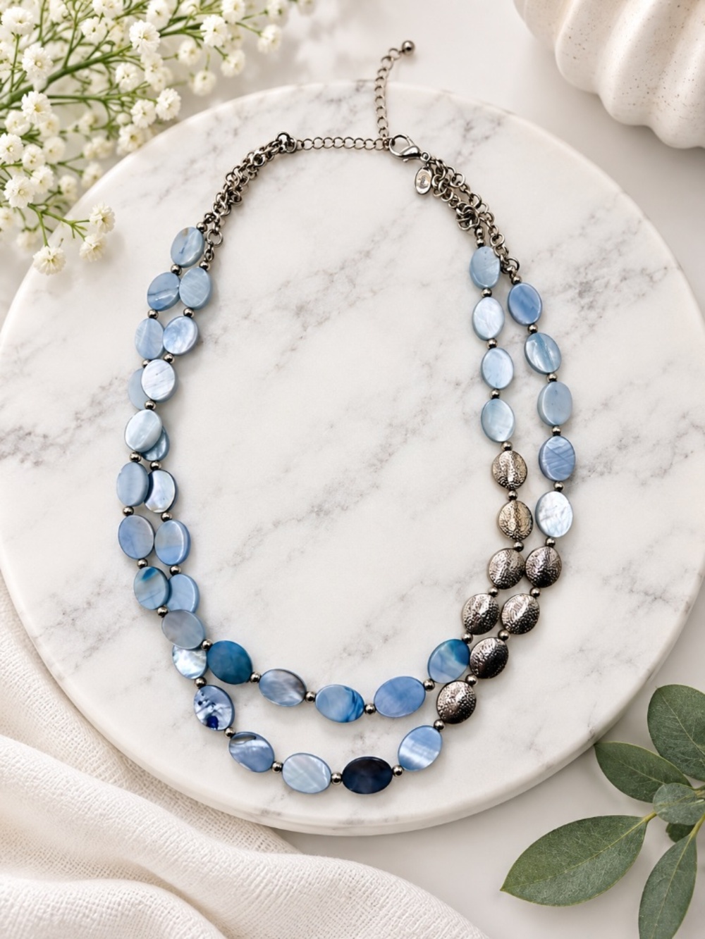Blue Shell Double Strand Statement Necklace Silver Tone Adjustable